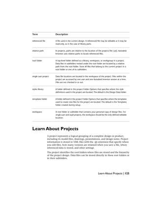 DescriptionTerm
A file used in the current design. A referenced file may be editable or it may be
read-only, as in the case of library parts.
referenced file
In projects, paths are relative to the location of the projects file (.ipj). Autodesk
Inventor uses relative paths to locate referenced files.
relative path
A top-level folder defined as a library, workspace, or workgroup in a project.
Data files in subfolders nested under the root folder are located by a relative
root folder
path from the root folder. Store all files that belong to the current project in a
root folder or one of its subfolders.
Data file locations are located in the workspace of the project. Files within the
project are accessed by one user and one Autodesk Inventor session at a time.
Files are not checked in or out.
single user project
A folder defined in the project Folder Options that specifies where the style
definitions used in the project are located. The default is the Design Data folder.
styles library
A folder defined in the project Folder Options that specifies where the templates
used to create new files for the project are located. The default is the Templates
folder created during setup.
templates folder
A root folder or subfolder that contains your personal copy of design files. For
single-user and vault projects, the workspace should be the only defined editable
location.
workspace
Learn About Projects
A project represents a logical grouping of a complete design or product,
including its model files, drawings, presentations, and design notes. Project
information is stored in XML files with the .ipj extension that specify where
you edit files, how many versions are retained when you save a file, where
referenced data is stored, and other settings.
The project identifies the root folders where files are stored and the hierarchy
of the project design. Data files can be stored directly in these root folders or
in their subfolders.
Learn About Projects | 123
 