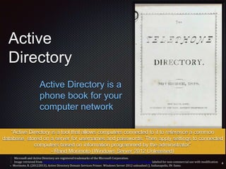 Active
Directory
Active Directory is a
phone book for your
computer network
 Microsoft and Active Directory are registered trademarks of the Microsoft Corporation.
 Image retrieved from upload.wikimedia.org/wikipedia/commons/7/76/New_haven_directory_1878.jpg labeled for non-commercial use with modification
• Morimoto, R. (20122013). Active Directory Domain Services Primer. Windows Server 2012 unleashed (). Indianapolis, IN: Sams.
“Active Directory is a tool that allows computers connected to it to reference a common
database, stored on a server for usernames and passwords. Then apply settings to connected
computers based on information programmed by the administrator”
- Rand Morimoto (Windows Server 2012 Unleashed)
 
