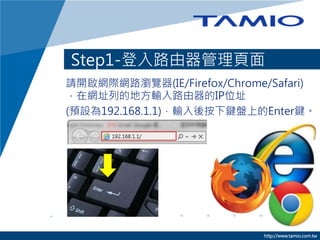 Step1-登入路由器管理頁面
請開啟網際網路瀏覽器(IE/Firefox/Chrome/Safari)
，在網址列的地方輸入路由器的IP位址
(預設為192.168.1.1)，輸入後按下鍵盤上的Enter鍵。


http://www.tamio.com.tw

 