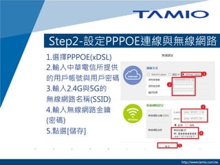 Step2-設定PPPOE連線與無線網路

1.選擇PPPOE(xDSL)
2.輸入中華電信所提供
的用戶帳號與用戶密碼
3.輸入2.4G與5G的
無線網路名稱(SSID)
4.輸入無線網路金鑰
(密碼)
5.點選[儲存]

http://www.tamio.com.tw

 