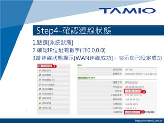 Step4-確認連線狀態
1.點選[系統狀態]
2.確認IP位址有數字(非0.0.0.0)
3當連線狀態顯示[WAN連線成功]，表示您已設定成功



http://www.tamio.com.tw

 