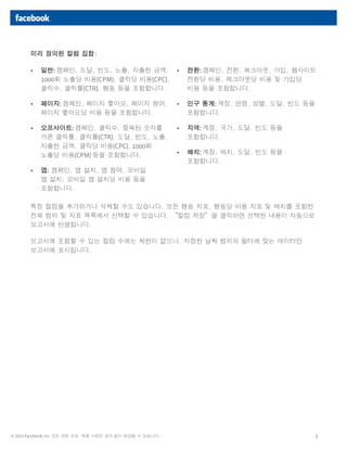3© 2013 Facebook, Inc. 모든 권한 보유. 제품 사양은 공지 없이 변경될 수 있습니다.
미리 정의된 칼럼 집합:
•	 일반: 캠페인, 도달, 빈도, 노출, 지출한 금액,
1000회 노출당 비용(CPM), 클릭당 비용(CPC),
클릭수, 클릭률(CTR), 행동 등을 포함합니다.
•	 페이지: 캠페인, 페이지 좋아요, 페이지 참여,
페이지 좋아요당 비용 등을 포함합니다.
•	 오프사이트: 캠페인, 클릭수, 중복된 숫자를
거른 클릭률, 클릭률(CTR), 도달, 빈도, 노출,
지출한 금액, 클릭당 비용(CPC), 1000회
노출당 비용(CPM) 등을 포함합니다.
•	 앱: 캠페인, 앱 설치, 앱 참여, 모바일
앱 설치, 모바일 앱 설치당 비용 등을
포함합니다.
•	 전환: 캠페인, 전환, 체크아웃, 가입, 웹사이트
전환당 비용, 체크아웃당 비용 및 가입당
비용 등을 포함합니다.
•	 인구 통계: 계정, 연령, 성별, 도달, 빈도 등을
포함합니다.
•	 지역: 계정, 국가, 도달, 빈도 등을
포함합니다.
•	 배치: 계정, 배치, 도달, 빈도 등을
포함합니다.
특정 칼럼을 추가하거나 삭제할 수도 있습니다. 모든 행동 지표, 행동당 비용 지표 및 배치를 포함한
전체 범위 및 지표 목록에서 선택할 수 있습니다. “칼럼 저장”을 클릭하면 선택한 내용이 자동으로
보고서에 반영됩니다.
보고서에 포함할 수 있는 칼럼 수에는 제한이 없으나, 지정한 날짜 범위와 필터에 맞는 데이터만
보고서에 표시됩니다.
 