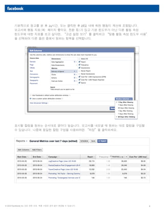 4© 2013 Facebook, Inc. 모든 권한 보유. 제품 사양은 공지 없이 변경될 수 있습니다.
표시할 칼럼을 원하는 순서대로 끌어다 놓습니다. 보고서를 내보낼 때 원하는 대로 칼럼을 구성할
수 있습니다. 나중에 동일한 칼럼 구성을 사용하려면 “저장”을 클릭하세요.
기본적으로 광고를 본 후 24시간, 또는 클릭한 후 28일 내에 취한 행동이 계산에 포함됩니다.
보고서에 행동 지표(예: 페이지 좋아요, 전환 등)가 있고 기본 윈도우가 아닌 다른 활동 속성
윈도우에 대한 지표를 보고 싶다면, “고급 설정 보기”를 클릭하고 “맞춤 활동 속성 윈도우 사용”
을 선택하여 다른 옵션 중에서 원하는 항목을 선택합니다.
 