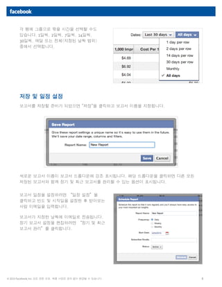 6© 2013 Facebook, Inc. 모든 권한 보유. 제품 사양은 공지 없이 변경될 수 있습니다.
저장 및 일정 설정
보고서를 저장할 준비가 되었으면 "저장"을 클릭하고 보고서 이름을 지정합니다.
새로운 보고서 이름이 보고서 드롭다운에 강조 표시됩니다. 해당 드롭다운을 클릭하면 다른 모든
저장된 보고서와 함께 정기 및 최근 보고서를 관리할 수 있는 옵션이 표시됩니다.
보고서 일정을 설정하려면 “일정 설정”을
클릭하고 빈도 및 시작일을 설정한 후 받아보는
사람 이메일을 입력합니다.
보고서가 지정한 날짜에 이메일로 전송됩니다.
정기 보고서 설정을 편집하려면 “정기 및 최근
보고서 관리”를 클릭합니다.
각 행에 그룹으로 묶을 시간을 선택할 수도
있습니다. 1일씩, 2일씩, 7일씩, 14일씩,
30일씩, 매달 또는 전체(지정된 날짜 범위)
중에서 선택합니다.
 