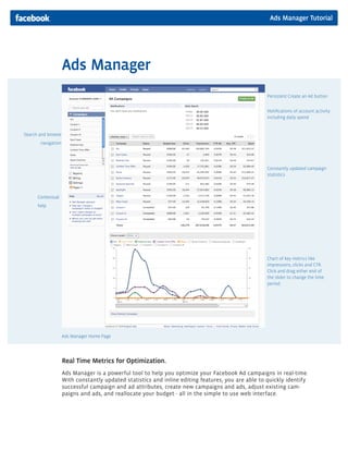 Constantly updated campaign
statistics
Chart of key metrics like
impressions, clicks and CTR.
Click and drag either end of
the slider to change the time
period.
Ads Manager Tutorial
Ads Manager
Real Time Metrics for Optimization.
Ads Manager is a powerful tool to help you optimize your Facebook Ad campaigns in real-time.
With constantly updated statistics and inline editing features, you are able to quickly identify
successful campaign and ad attributes, create new campaigns and ads, adjust existing cam-
paigns and ads, and reallocate your budget - all in the simple to use web interface.
Search and browse
navigation
Notifications of account activity
including daily spend
Ads Manager Home Page
Contextual
help
Persistent Create an Ad button
 