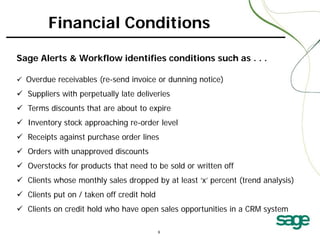 Financial Conditions
Sage Alerts & Workflow identifies conditions such as . . .
 Overdue receivables (re-send invoice or dunning notice)

 Suppliers with perpetually late deliveries
 Terms discounts that are about to expire
 Inventory stock approaching re-order level
 Receipts against purchase order lines
 Orders with unapproved discounts
 Overstocks for products that need to be sold or written off
 Clients whose monthly sales dropped by at least ‘x’ percent (trend analysis)
 Clients put on / taken off credit hold
 Clients on credit hold who have open sales opportunities in a CRM system

 