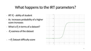What happens to the IRT parameters?
• IRT - ability of student
• As increases probability of a higher
score increases
• What is in terms of a dataset?
• easiness of the dataset
• Dataset difficulty score
θi
θi
θi
−θi
45
 