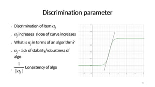 Discrimination parameter
• Discrimination of item
• increases slope of curve increases
• What is in terms of an algorithm?
• - lack of stability/robustness of
algo
•
Consistency of algo
αj
αj
αj
αj
1
|αj |
46
 