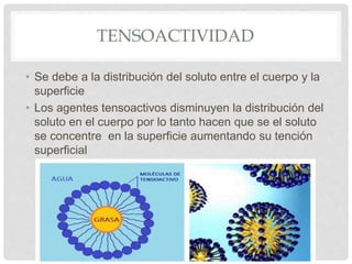 TENSOACTIVIDAD
• Se debe a la distribución del soluto entre el cuerpo y la
superficie
• Los agentes tensoactivos disminuyen la distribución del
soluto en el cuerpo por lo tanto hacen que se el soluto
se concentre en la superficie aumentando su tención
superficial
 