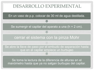 En un vaso de p.p. colocar de 30 ml de agua destilada.
Se sumergir el capilar del aparato a una (h = 2 cm).
cerrar el sistema con la pinza Mohr
Se abre la llave de paso por el embudo de separación hasta
que en el capilar empiece un burbujeo
Se toma la lectura de la diferencia de alturas en el
manómetro hasta que ya no salgan burbujas del capilar.
DESARROLLO EXPERIMENTAL
 