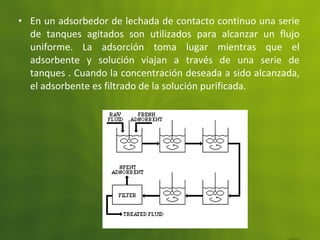 • En un adsorbedor de lechada de contacto continuo una serie
de tanques agitados son utilizados para alcanzar un flujo
uniforme. La adsorción toma lugar mientras que el
adsorbente y solución viajan a través de una serie de
tanques . Cuando la concentración deseada a sido alcanzada,
el adsorbente es filtrado de la solución purificada.
 