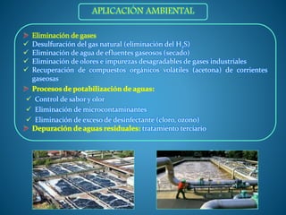  Eliminación de gases
 Desulfuración del gas natural (eliminación del H2S)
 Eliminación de agua de efluentes gaseosos (secado)
 Eliminación de olores e impurezas desagradables de gases industriales
 Recuperación de compuestos orgánicos volátiles (acetona) de corrientes
gaseosas
 Procesos de potabilización de aguas:
 Control de sabor y olor
 Eliminación de microcontaminantes
 Eliminación de exceso de desinfectante (cloro, ozono)
 Depuración de aguas residuales: tratamiento terciario
APLICACIÓN AMBIENTAL
 