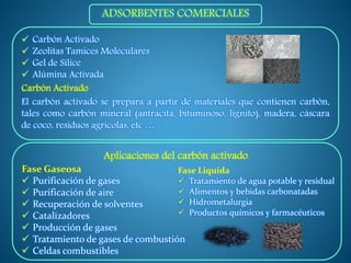 ADSORBENTES COMERCIALES
 Carbón Activado
 Zeolitas Tamices Moleculares
 Gel de Sílice
 Alúmina Activada
Carbón Activado
El carbón activado se prepara a partir de materiales que contienen carbón,
tales como carbón mineral (antracita, bituminoso, lignito), madera, cáscara
de coco, residuos agricolas, etc …
Aplicaciones del carbón activado.
Fase Gaseosa
 Purificación de gases
 Purificación de aire
 Recuperación de solventes
 Catalizadores
 Producción de gases
 Tratamiento de gases de combustión
 Celdas combustibles
Fase Liquida
 Tratamiento de agua potable y residual
 Alimentos y bebidas carbonatadas
 Hidrometalurgia
 Productos químicos y farmacéuticos
 