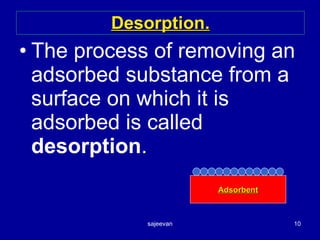 Desorption. The process of removing an adsorbed substance from a surface on which it is adsorbed is called  desorption .  Adsorbent 