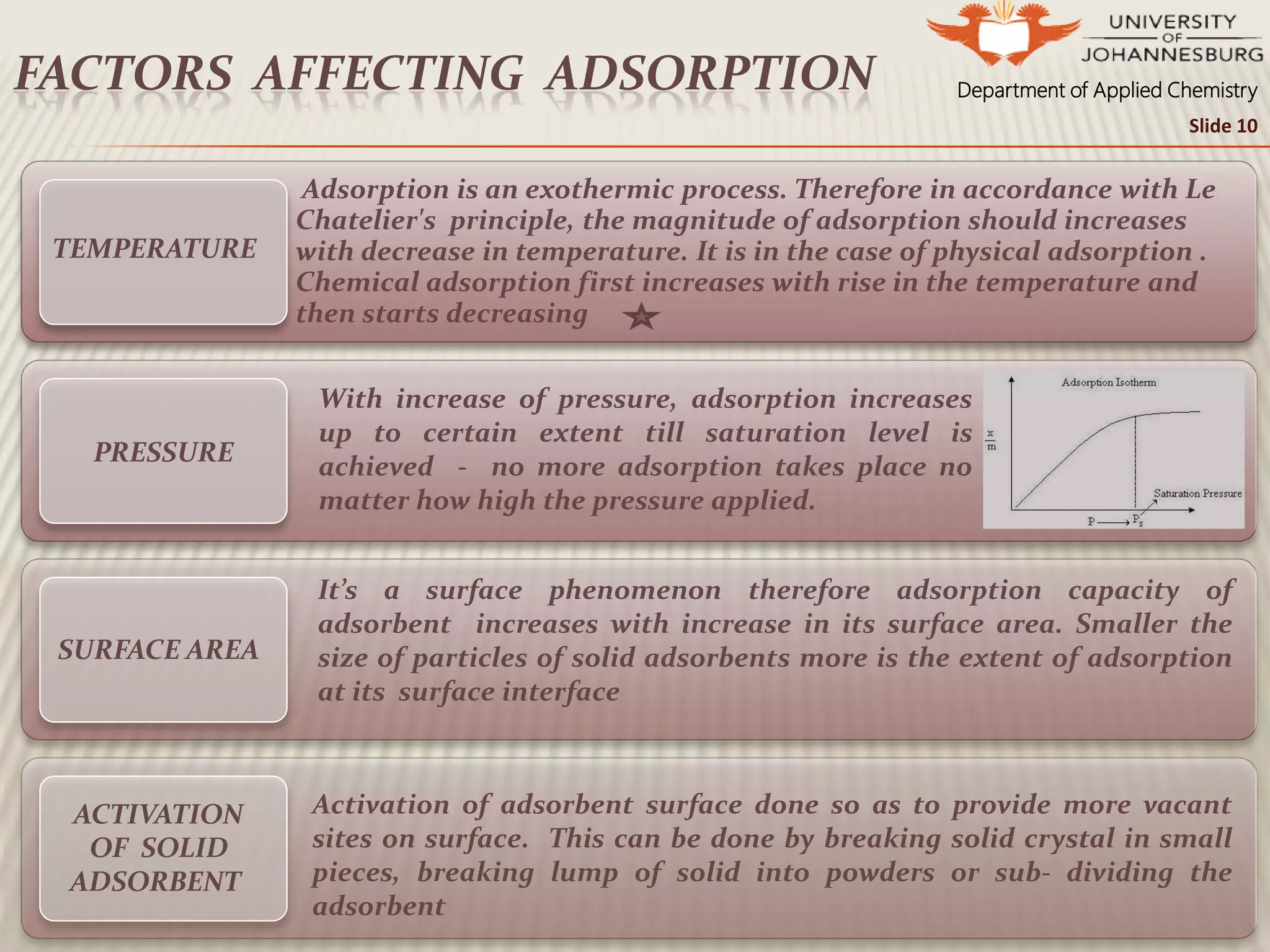 Department of Applied ChemistryFACTORS AFFECTING ADSORPTION
Adsorption is an exothermic process. Therefore in accordance with Le
Chatelier's principle, the magnitude of adsorption should increases
with decrease in temperature. It is in the case of physical adsorption .
Chemical adsorption first increases with rise in the temperature and
then starts decreasing
Slide 10
TEMPERATURE
PRESSURE
SURFACE AREA
ACTIVATION
OF SOLID
ADSORBENT
With increase of pressure, adsorption increases
up to certain extent till saturation level is
achieved - no more adsorption takes place no
matter how high the pressure applied.
Activation of adsorbent surface done so as to provide more vacant
sites on surface. This can be done by breaking solid crystal in small
pieces, breaking lump of solid into powders or sub- dividing the
adsorbent
It’s a surface phenomenon therefore adsorption capacity of
adsorbent increases with increase in its surface area. Smaller the
size of particles of solid adsorbents more is the extent of adsorption
at its surface interface
 