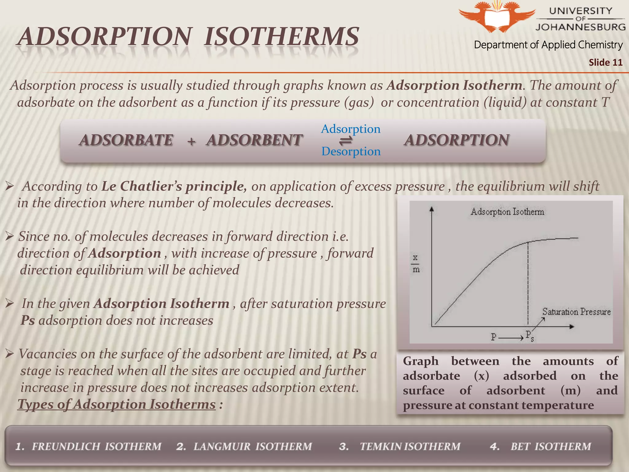 Department of Applied ChemistryADSORPTION ISOTHERMS
Slide 11
Adsorption process is usually studied through graphs known as Adsorption Isotherm. The amount of
adsorbate on the adsorbent as a function if its pressure (gas) or concentration (liquid) at constant T
ADSORBATE + ADSORBENT ⇌ ADSORPTION
Adsorption
Desorption
 According to Le Chatlier’s principle, on application of excess pressure , the equilibrium will shift
in the direction where number of molecules decreases.
 Since no. of molecules decreases in forward direction i.e.
direction of Adsorption , with increase of pressure , forward
direction equilibrium will be achieved
 In the given Adsorption Isotherm , after saturation pressure
Ps adsorption does not increases
 Vacancies on the surface of the adsorbent are limited, at Ps a
stage is reached when all the sites are occupied and further
increase in pressure does not increases adsorption extent.
Types of Adsorption Isotherms :
Graph between the amounts of
adsorbate (x) adsorbed on the
surface of adsorbent (m) and
pressure at constant temperature
 