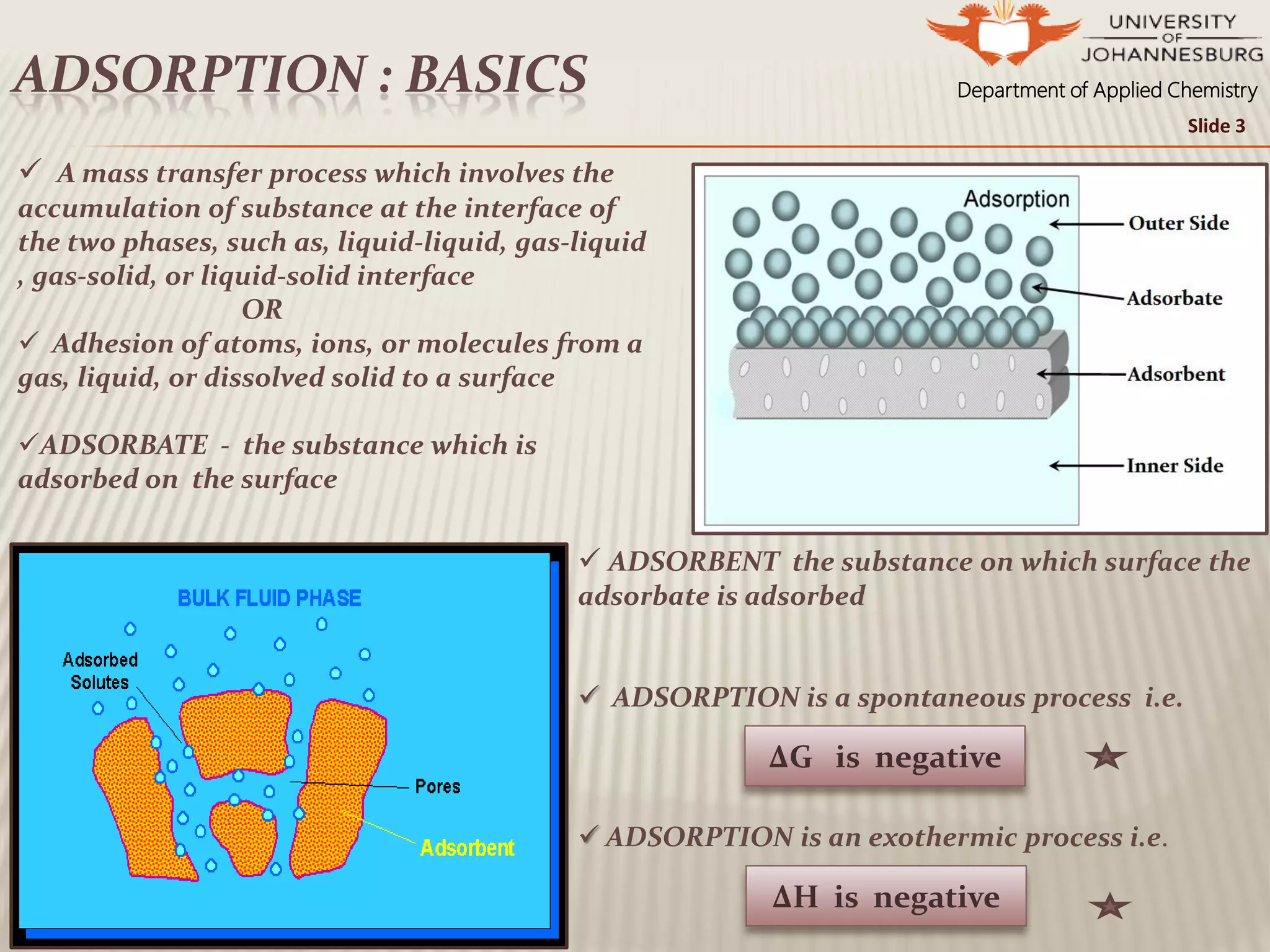 Department of Applied ChemistryADSORPTION : BASICS
Slide 3
 A mass transfer process which involves the
accumulation of substance at the interface of
the two phases, such as, liquid-liquid, gas-liquid
, gas-solid, or liquid-solid interface
OR
 Adhesion of atoms, ions, or molecules from a
gas, liquid, or dissolved solid to a surface
ADSORBATE - the substance which is
adsorbed on the surface
 ADSORBENT the substance on which surface the
adsorbate is adsorbed
 ADSORPTION is a spontaneous process i.e.
 ADSORPTION is an exothermic process i.e.
ΔG is negative
ΔH is negative
 