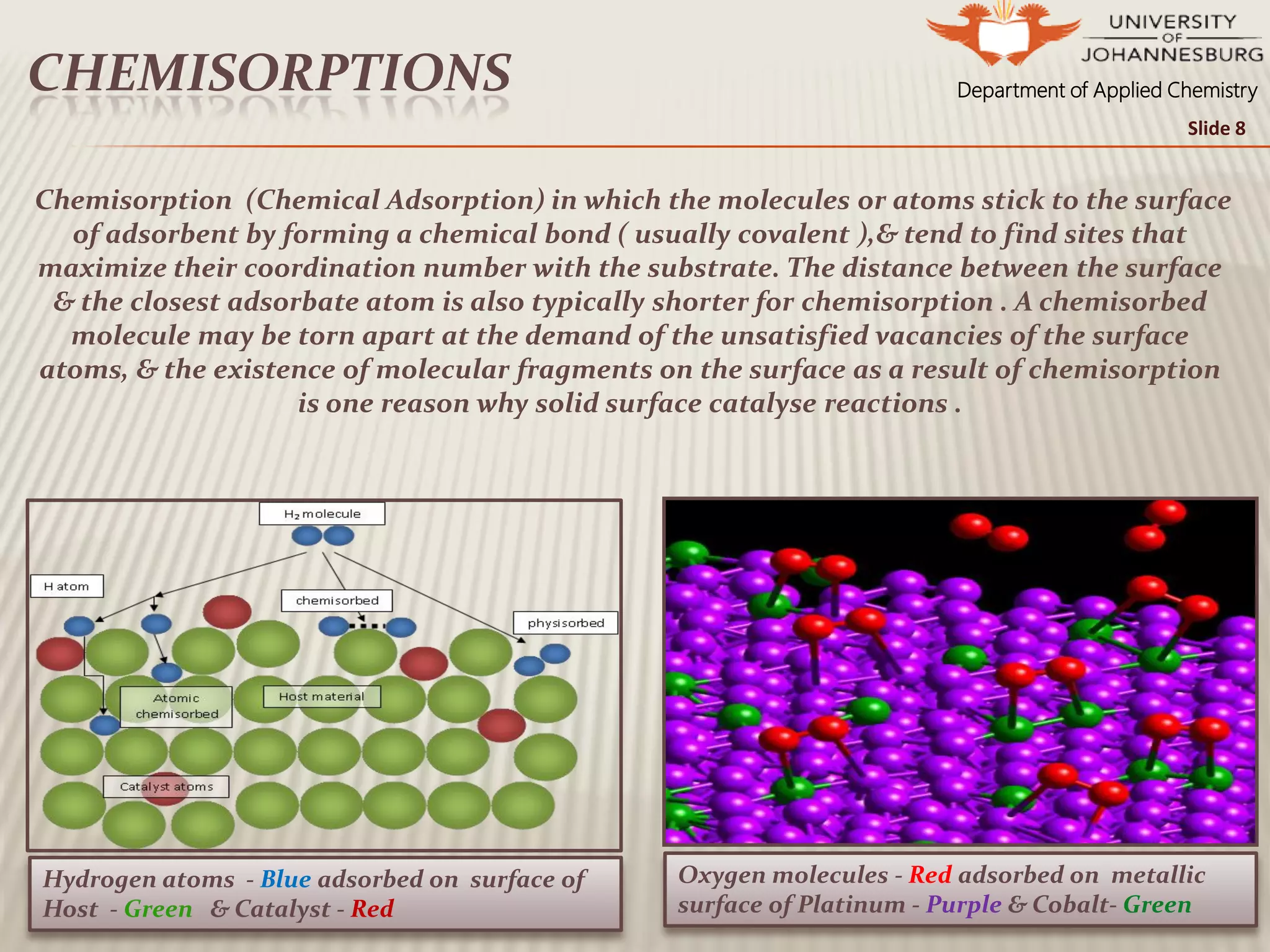 Department of Applied ChemistryCHEMISORPTIONS
Oxygen molecules - Red adsorbed on metallic
surface of Platinum - Purple & Cobalt- Green
Slide 8
Hydrogen atoms - Blue adsorbed on surface of
Host - Green & Catalyst - Red
Chemisorption (Chemical Adsorption) in which the molecules or atoms stick to the surface
of adsorbent by forming a chemical bond ( usually covalent ),& tend to find sites that
maximize their coordination number with the substrate. The distance between the surface
& the closest adsorbate atom is also typically shorter for chemisorption . A chemisorbed
molecule may be torn apart at the demand of the unsatisfied vacancies of the surface
atoms, & the existence of molecular fragments on the surface as a result of chemisorption
is one reason why solid surface catalyse reactions .
 