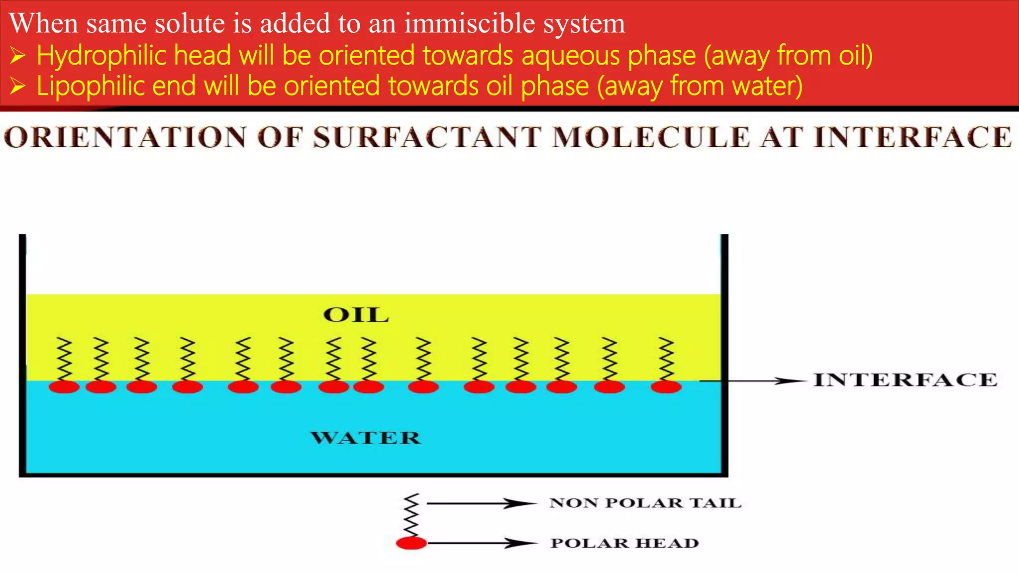 When same solute is added to an immiscible system
 Hydrophilic head will be oriented towards aqueous phase (away from oil)
 Lipophilic end will be oriented towards oil phase (away from water)
 