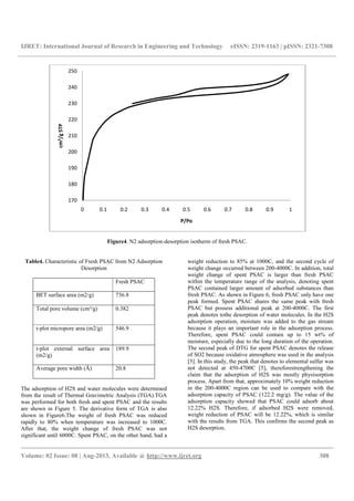 IJRET: International Journal of Research in Engineering and Technology eISSN: 2319-1163 | pISSN: 2321-7308
__________________________________________________________________________________________
Volume: 02 Issue: 08 | Aug-2013, Available @ http://www.ijret.org 308
Figure4. N2 adsorption-desorption isotherm of fresh PSAC.
Table4. Characteristic of Fresh PSAC from N2 Adsorption
Desorption
Fresh PSAC
BET surface area (m2/g) 736.8
Total pore volume (cm³/g) 0.382
t-plot micropore area (m2/g) 546.9
t-plot external surface area
(m2/g)
189.9
Average pore width (Å) 20.8
The adsorption of H2S and water molecules were determined
from the result of Thermal Gravimetric Analysis (TGA).TGA
was performed for both fresh and spent PSAC and the results
are shown in Figure 5. The derivative form of TGA is also
shown in Figure6.The weight of fresh PSAC was reduced
rapidly to 80% when temperature was increased to 1000C.
After that, the weight change of fresh PSAC was not
significant until 6000C. Spent PSAC, on the other hand, had a
weight reduction to 85% at 1000C, and the second cycle of
weight change occurred between 200-4000C. In addition, total
weight change of spent PSAC is larger than fresh PSAC
within the temperature range of the analysis, denoting spent
PSAC contained larger amount of adsorbed substances than
fresh PSAC. As shown in Figure 6, fresh PSAC only have one
peak formed. Spent PSAC shares the same peak with fresh
PSAC but possess additional peak at 200-4000C. The first
peak denotes tothe desorption of water molecules. In the H2S
adsorption operation, moisture was added to the gas stream
because it plays an important role in the adsorption process.
Therefore, spent PSAC could contain up to 15 wt% of
moisture, especially due to the long duration of the operation.
The second peak of DTG for spent PSAC denotes the release
of SO2 because oxidative atmosphere was used in the analysis
[5]. In this study, the peak that denotes to elemental sulfur was
not detected at 450-4700C [5], thereforestrengthening the
claim that the adsorption of H2S was mostly physisorption
process. Apart from that, approximately 10% weight reduction
in the 200-4000C region can be used to compare with the
adsorption capacity of PSAC (122.2 mg/g). The value of the
adsorption capacity showed that PSAC could adsorb about
12.22% H2S. Therefore, if adsorbed H2S were removed,
weight reduction of PSAC will be 12.22%, which is similar
with the results from TGA. This confirms the second peak as
H2S desorption.
170
180
190
200
210
220
230
240
250
0 0.1 0.2 0.3 0.4 0.5 0.6 0.7 0.8 0.9 1
cm³/gSTP
P/Po
 