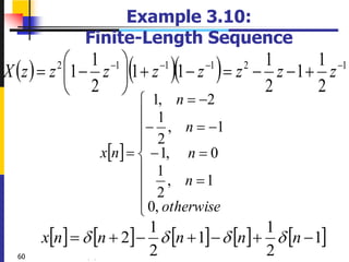 2023/5/18
60
Example 3.10:
Finite-Length Sequence
     1
2
1
1
1
2
2
1
1
2
1
1
1
2
1
1 
















 z
z
z
z
z
z
z
z
X
 


















otherwise
n
n
n
n
n
x
,
0
1
,
2
1
0
,
1
1
,
2
1
2
,
1
         
1
2
1
1
2
1
2 





 n
n
n
n
n
x 



 