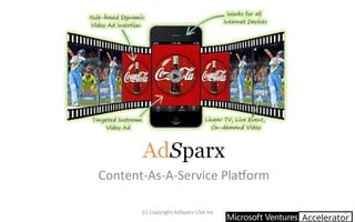 Content-As-A-Service	Pla2orm	
(c)	Copyright	AdSparx	USA	Inc		
Accelerator
1	
 