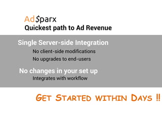 Quickest path to Ad Revenue
Single Server-side Integration
No client-side modifications
No upgrades to end-users
No changes in your set up
GET STARTED WITHIN DAYS !!
Integrates with workflow
 