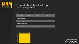 AD SPECIFICATIONS
Formato Mobile e Desktop
728x90 - Retângulo Médio
300
250
FORMATO DIMENSÕES PESO PEÇA IMAGEM PESO PEÇA HTML5
Retângulo Médio 300X250 40KB 150K
FRAMES - ANIMAÇÃO
18 frames por segundo
ADSERVER - GOOGLE DFP
Suporta os principais formatos do mercado: iframe e tags javascript
 