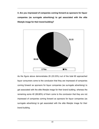 4. Are you impressed of companies coming forward as sponsors for liquor

companies (as surrogate advertising) to get associated with the elite

lifestyle image for their brand building?




                                                            33.33




                   66.66




                              Yes                      No


As the figure above demonstrates 20 (33.33%) out of the total 60 approached

liquor consumers come to the conclusion that they are impressed of companies

coming forward as sponsors for liquor companies (as surrogate advertising) to

get associated with the elite lifestyle image for their brand building; whereas the

remaining some 40 (66.66%) of them come to the conclusion that they are not

impressed of companies coming forward as sponsors for liquor companies (as

surrogate advertising) to get associated with the elite lifestyle image for their

brand building.




                                        45
 
