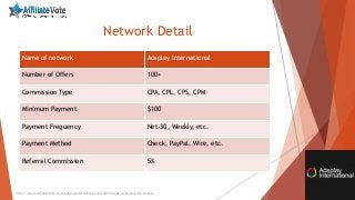 Network Detail
Name of network Adsplay International
Number of Offers 100+
Commission Type CPA, CPL, CPS, CPM
Minimum Payment $100
Payment Frequency Net-30, Weekly, etc.
Payment Method Check, PayPal, Wire, etc.
Referral Commission 5%
http://www.affiliatevote.com/adsplayinternational-cpa-affiliate-network-program-review/
 