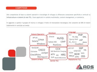 COMPETENZE


Alle competenze di base su sistemi operativi e tecnologie di sviluppo si affiancano conoscenze specifiche e verticali su
infrastrutture e sistemi di rete TCL, flussi applicativi in ambito multimedia, content management, e-commerce.


In aggiunta a questo il gruppo di ricerca e sviluppo è fonte di innovazione tecnologica che consente ad ADS di essere
stabilmente in anticipo sui tempi.



                                                                                        Linguaggi
                                                            Database
                                     Sistemi Operativi                                  Perl             PHP
                                                            Oracle                             PL/SQL          XML
                                       HP-UX                             MySQL
                                               Linux                                      Bourne Shell
                                                                                                         ASP
                                      Solaris               Sybase ASE       LDAP        C, C++             Java
                                           Windows                                                VisualBasic
                                                                  PostGres
                                      NetGEAR                                           AXE SCP          SDP
                                                CISCO                  CCN                                      SQL
                                     Extreme                   SMS Realtime Charging            USSD GW
                                                  Juniper                                SGSN             SMAS
                                     CheckPoint                MTV INS       NRG                  BGW
                                               Watchguard                                PPCH AIWU        OSS
                                                               EUP Master&Business
                                      Sistemi di Rete                                   Piattaforme TLC
                                                              Servizi TLC
 