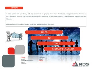 SETTORI


In oltre venti anni di storia, ADS ha consolidato il proprio know-how diventando un’organizzazione dinamica e
particolarmente flessibile, caratteristiche che oggi le consentono di realizzare progetti “chiavi in mano” specifici per ogni
richiesta.


Assembly Data System è un System Integrator specializzato in 4 settori:




                                                      TELCO

                                                                 ICT

                                                                          CIVILE

                                                                        ENERGIA & SICUREZZA


                       Azienda                     Chi siamo
                       Settori                     Valori
                       Servizi Professionali       Settori
                       Clienti
                       Ambiente
 