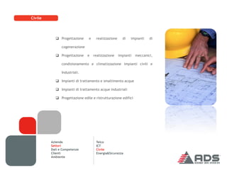Civile




            Progettazione     e    realizzazione     di   impianti    di

               cogenerazione

            Progettazione     e   realizzazione    impianti   meccanici,

               condizionamento e climatizzazione impianti civili e

               Industriali.

            Impianti di trattamento e smaltimento acque

            Impianti di trattamento acque industriali

            Progettazione edile e ristrutturazione edifici




         Azienda                    Telco
         Settori                    ICT
         Dati e Competenze          Civile
         Clienti                    Energia&Sicurezza
         Ambiente
 