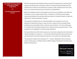 The Athletic Development for   Within this programme the practitioners seek to provide the opportunity and necessary best
         School Sports (ADSS)       practices that will allow each individual to make the necessary physical developments that
              Programme
                                    will allow them to become more proficient at movement, better conditioned and more robust
                 3.1                due to an increase awareness of injury prevention and prehabilitation.
      The Physical Development
               Process              Many of the athletes involved in the programme will continue to participate in sport after their
                                    school lives, some to a high standard of play. Therefore it is critical they receive quality
                                    coaching and develop the key physical attributes required to manage the rigours of high level
                                    performance / physical preparation / training.

                                    The programme initially focuses on educating athletes in the necessity to move more
                                    efficiently and effectively focusing on range of motion, postural control and stability before
                                    progressing onto body weight control, movement and conditioning. This may well progress
                                    on to higher levels of resistance (weight training / lifting) to improve physical function. These
                                    progressions are highlighted in the training block appendices.

                                    For many athletes this will be the first exposure to a structured, progressive and well coached
                                    “Athletic Development” programme. It is imperative that training blocks build and deliver the
                                    key fundamental movement practices from generic to more specific and specialized skills.

                                    The programme initially will be operating at 14 – 18 years. Modifications will be necessary
                                    across the age groups, as athletes will be at different stages of development and will require
                                    different training stimuli.




11
 