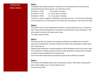 Option 1
     Business Plan /
                        A designated Coach delivers sessions on site either as an accompaniment to the technical sports
     Delivery Options
                        coaching individual and teams receive or as a stand alone session.
                        30 Sessions = £1000             (1hr per week x 30 weeks)
                        60 Sessions = £1750           (2 x 1hr per week x 30 weeks)
                        90 Sessions = £2500           (3 x 1hr per week x 30 weeks)
                        The above is merely a suggestion and flexibility in the programme is key. Your school may well decide
                        to buy 30 sessions but run those sessions for the Spring term only resulting in more sessions per week.


                        Option 2
                        The Coaches come in to your establishment and deliver a one-day workshop for up to 10 members of
                        staff. The day will include breakdowns of the sessions and training blocks, active participation in drills
                        and exercises, as well as a full resource pack to keep.
                        This session would cost £750


                        Option 3
                        Three times per year, the Coaches of the programme will attend your establishment and conduct
                        assessments (anthropometry, maturation, functional and fitness), with set populations (specific sports
                        team, age groups etc)
                        Following these assessments, individual programmes will be developed and sent to the school to pass
                        to the individuals to undertake prescribed exercises / drills that will seek to develop both the strengths
                        and areas to develop highlighted from the assessments.
                        Cost for these three assessments and subsequent reports would be £500 per 20 students


                        Option 4
                        A full resource pack detailing session plans, training blocks, exercise / drill routines, coaching points
                        will be made available to you in hard and electronic copy.
                        This pack will cost £300


15
 