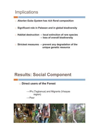 Implications
…   Aborlan Guba System has rich floral composition

…   Significant role in Palawan and in global biodiversity

…   Habitat destruction   local extinction of rare species
                          loss of overall biodiversity

…   Strictest measures    prevent any degradation of the
                          unique genetic resource




Results: Social Component
     …   Direct users of the Forest

              IPs (Tagbanua) and Migrants (Visayas
                  region)
              Poor
 