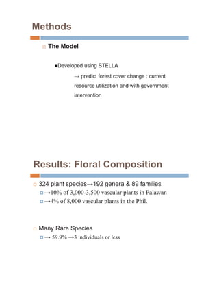 Methods
     …   The Model


           Developed using STELLA

                     predict forest cover change : current
                  resource utilization and with government
                  intervention




Results: Floral Composition
…   324 plant species 192 genera & 89 families
    †   10% of 3,000-3,500 vascular plants in Palawan
    †   4% of 8,000 vascular plants in the Phil.



…   Many Rare Species
    †     59.9%   3 individuals or less
 