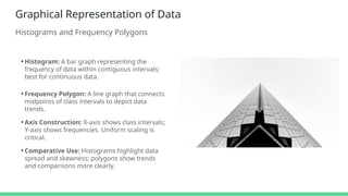 Graphical Representation of Data
Histograms and Frequency Polygons
• Histogram: A bar graph representing the
frequency of data within contiguous intervals;
best for continuous data.
• Frequency Polygon: A line graph that connects
midpoints of class intervals to depict data
trends.
• Axis Construction: X-axis shows class intervals;
Y-axis shows frequencies. Uniform scaling is
critical.
• Comparative Use: Histograms highlight data
spread and skewness; polygons show trends
and comparisons more clearly.
 