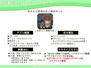 おさわり探偵なめこ栽培キット




                  （日英２ヶ国語対応）

OS：iOS                                       コンテンツ力
２０１１年６月リリース                                  クチコミ・ソーシャルメディアでの
無料ゲーム                                         キャラクタバイラル（facebook拡散）
ニンテンドーDS「おさわり探偵                              ※プロモーション実施なし
 小沢里奈」のスピンアウトアプリ


DL数：国内１００万｜海外５０万     『おさわり探偵 小沢里奈』へトラフィック誘導
DL圏：東南アジア中心          『アドネットワーク広告収益』
  ■無料総合１位 マカオ          ※アドネットワーク広告とアドサーバの
  ■無料総合２位 香港・台湾・シンガポール   ハイブリッド配信
  ■無料総合５位 タイ

                 ©2011 ngi group Inc. All rights reserved.       11
 