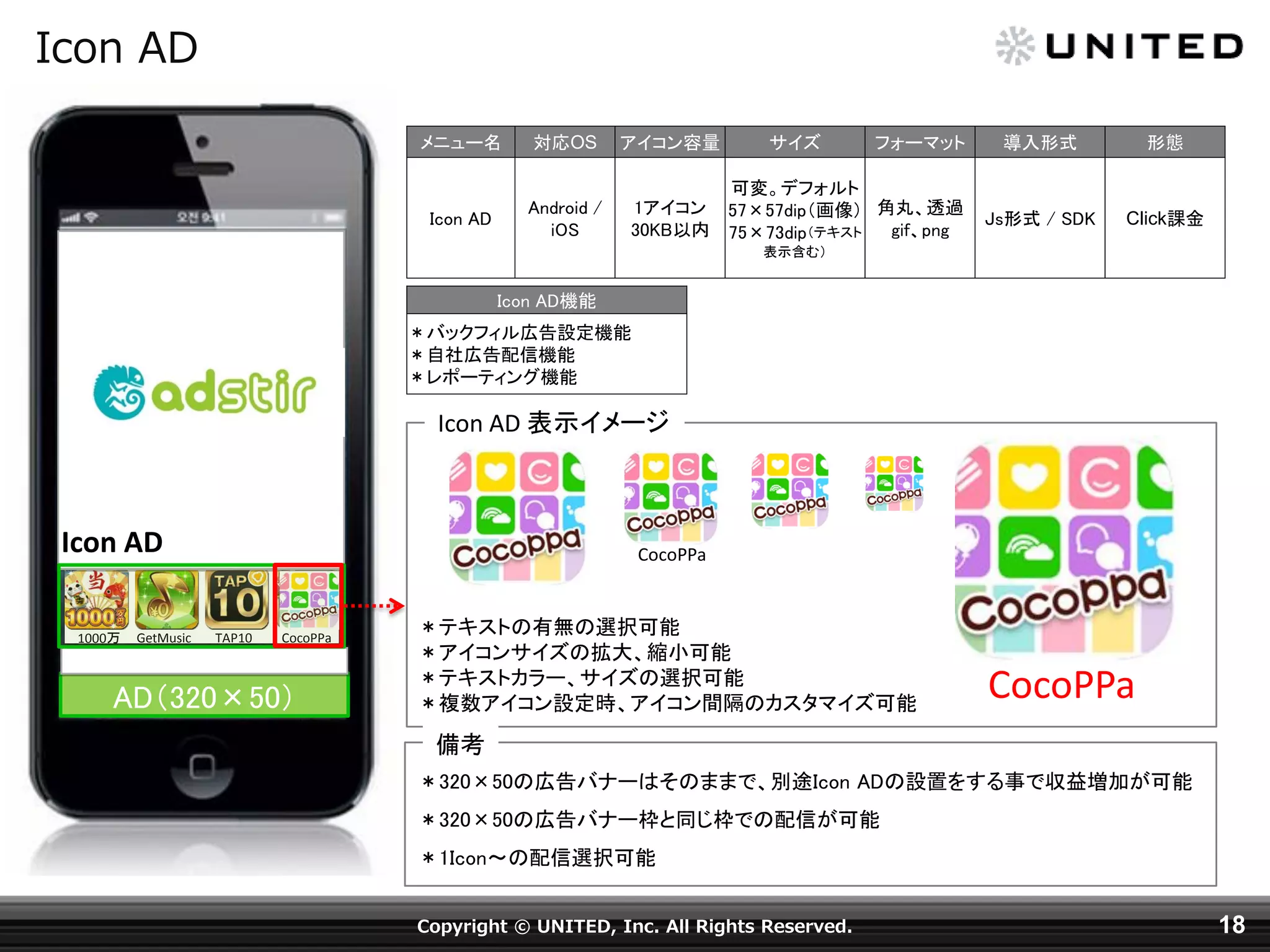 Icon AD
メニュー名

対応OS

Icon AD

Android /
iOS

アイコン容量

サイズ

フォーマット

可変。デフォルト
1アイコン 57×57dip（画像） 角丸、透過
30KB以内 75×73dip（テキスト
gif、png

導入形式

形態

Js形式 / SDK

Click課金

表示含む）

Icon AD機能

＊バックフィル広告設定機能
＊自社広告配信機能
＊レポーティング機能

Icon AD 表示イメージ

Icon AD
1000万

GetMusic

CocoPPa

TAP10

CocoPPa

AD（320×50）

＊テキストの有無の選択可能
＊アイコンサイズの拡大、縮小可能
＊テキストカラー、サイズの選択可能
＊複数アイコン設定時、アイコン間隔のカスタマイズ可能

CocoPPa

備考
＊320×50の広告バナーはそのままで、別途Icon ADの設置をする事で収益増加が可能
＊320×50の広告バナー枠と同じ枠での配信が可能
＊1Icon～の配信選択可能
Copyright © UNITED, Inc. All Rights Reserved.

18

 