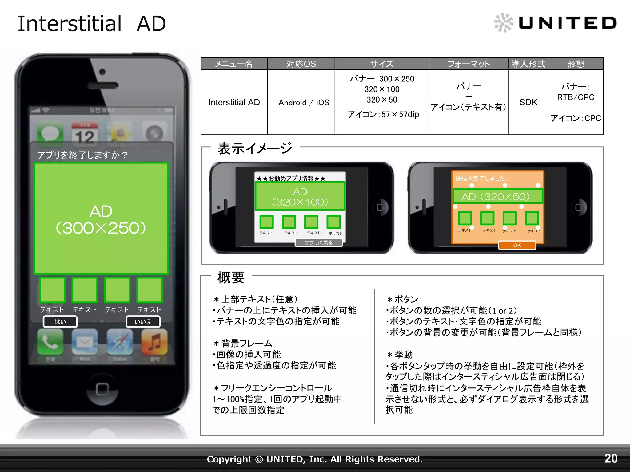 Interstitial AD
メニュー名

対応OS

サイズ

Android / iOS

Interstitial AD

バナー：300×250
320×100
320×50
アイコン：57×57dip

フォーマット

導入形式

バナー
＋
アイコン（テキスト有）

SDK

形態
バナー：
RTB/CPC
アイコン：CPC

表示イメージ

アプリを終了しますか？
アプリを終了しますか？

★★お勧めアプリ情報★★

送信を完了しました。

AD
（320×100）

AD
（300×250）

テキスト

テキスト

テキスト

AD（320×50）

テキスト

テキスト

アプリに戻る

テキスト

テキスト

テキスト

ＯＫ

概要
テキスト

テキスト

テキスト

テキスト

Icon AD ×4
いいえ
（57×57）

はい

＊上部テキスト（任意）
・バナーの上にテキストの挿入が可能
・テキストの文字色の指定が可能
＊背景フレーム
・画像の挿入可能
・色指定や透過度の指定が可能
＊フリークエンシーコントロール
1～100%指定、1回のアプリ起動中
での上限回数指定

＊ボタン
・ボタンの数の選択が可能（1 or 2）
・ボタンのテキスト・文字色の指定が可能
・ボタンの背景の変更が可能（背景フレームと同様）

＊挙動
・各ボタンタップ時の挙動を自由に設定可能（枠外を
タップした際はインタースティシャル広告面は閉じる）
・通信切れ時にインタースティシャル広告枠自体を表
示させない形式と、必ずダイアログ表示する形式を選
択可能

Copyright © UNITED, Inc. All Rights Reserved.

20

 