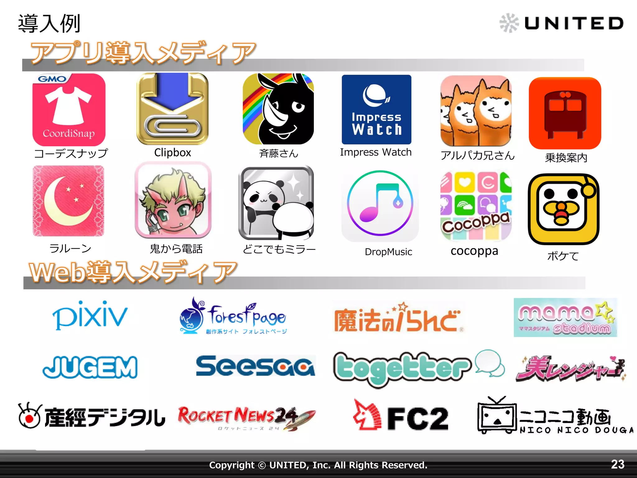 導入例

コーデスナップ

ラルーン

Clipbox

鬼から電話

斉藤さん

どこでもミラー

Impress Watch

DropMusic

Copyright © UNITED, Inc. All Rights Reserved.

アルパカ兄さん

乗換案内

cocoppa

ボケて

23

 