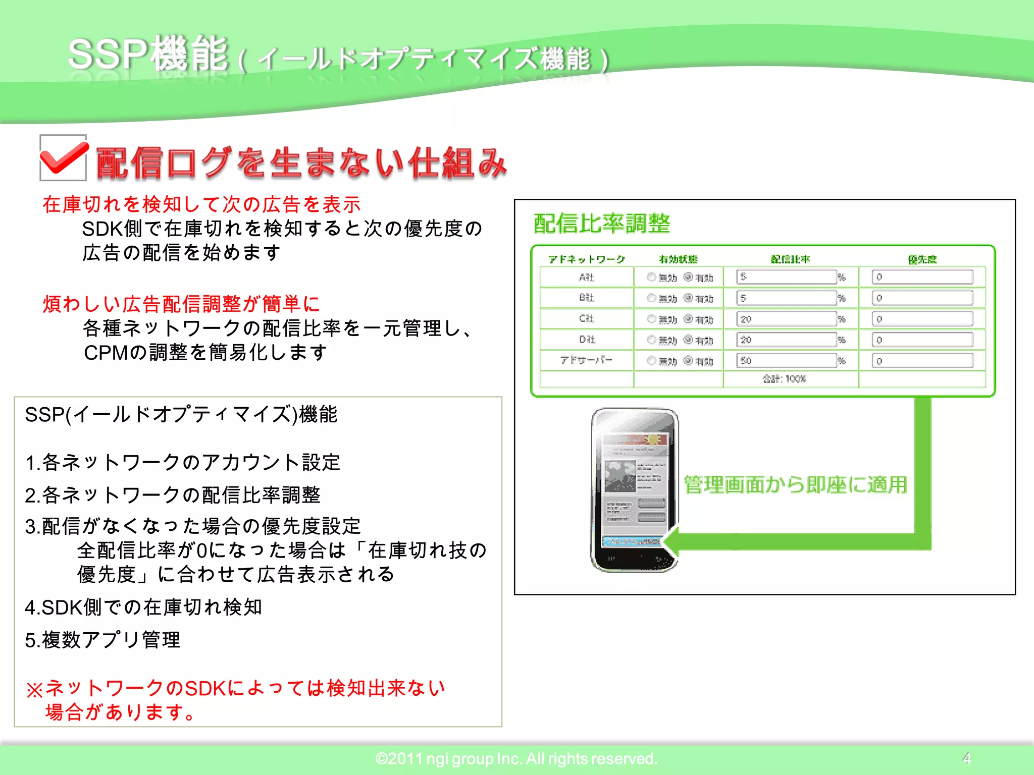 在庫切れを検知して次の広告を表示
   SDK側で在庫切れを検知すると次の優先度の
   広告の配信を始めます

 煩わしい広告配信調整が簡単に
   各種ネットワークの配信比率を一元管理し、
   CPMの調整を簡易化します


SSP(イールドオプティマイズ)機能

1.各ネットワークのアカウント設定
2.各ネットワークの配信比率調整
3.配信がなくなった場合の優先度設定
    全配信比率が0になった場合は「在庫切れ技の
    優先度」に合わせて広告表示される
4.SDK側での在庫切れ検知
5.複数アプリ管理

※ネットワークのSDKによっては検知出来ない
 場合があります。

                     ©2011 ngi group Inc. All rights reserved.   4
 
