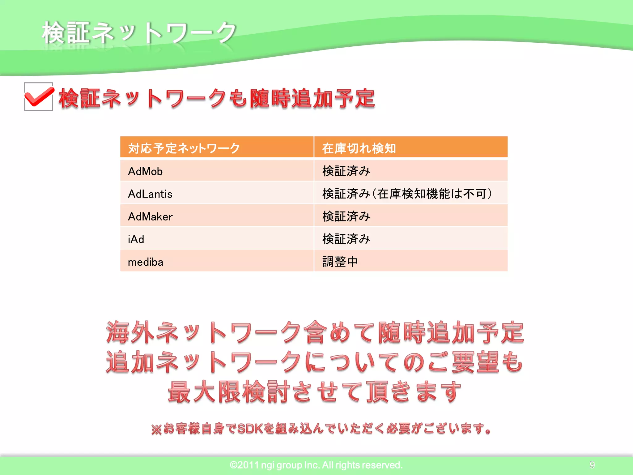 対応予定ネットワーク                      在庫切れ検知
AdMob                           検証済み
AdLantis                        検証済み（在庫検知機能は不可）
AdMaker                         検証済み
iAd                             検証済み
mediba                          調整中




           ©2011 ngi group Inc. All rights reserved.   9
 