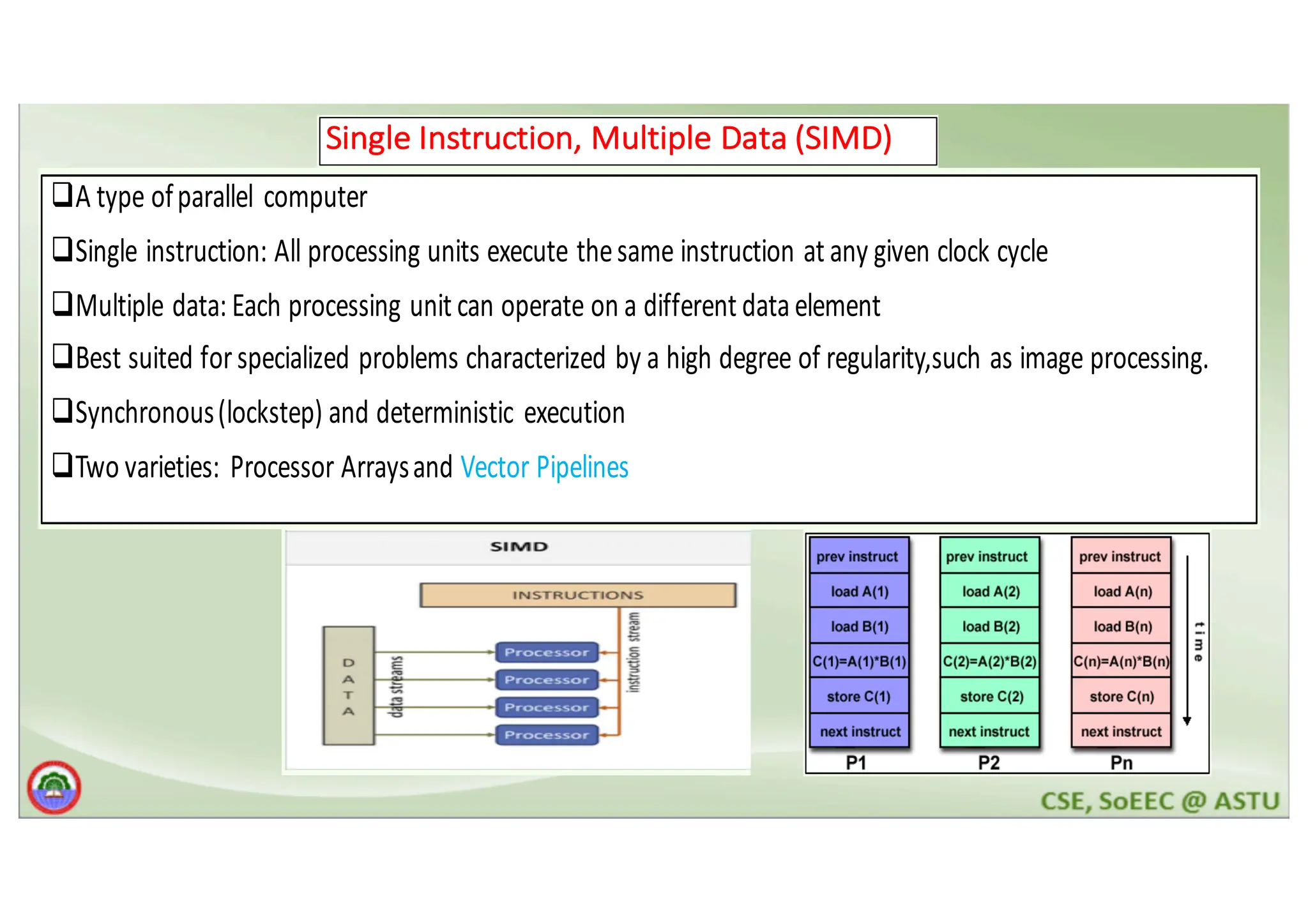 Single Instruction, Multiple Data (SIMD) qA type of parallel computer qSingle instruction: All processing units execute the same instruction at any given clock cycle qMultiple data: Each processing unit can operate on a different data element qBest suited for specialized problems characterized by a high degree of regularity,such as image processing. qSynchronous(lockstep) and deterministic execution qTwo varieties: Processor Arraysand Vector Pipelines Single Instruction, Multiple Data (SIMD) qA type ofparallel computer qSingle instruction: All processing units execute thesame instruction at any given clock cycle qMultiple data: Each processing unit can operate on a different dataelement qBest suited forspecialized problems characterized by a high degree of regularity,such as image processing. qSynchronous(lockstep) and deterministic execution qTwo varieties: Processor Arraysand Vector Pipelines Single Instruction, Multiple Data (SIMD) qA type ofparallel computer qSingle instruction: All processing units execute thesame instruction at any given clock cycle qMultiple data: Each processing unit can operate on a different dataelement qBest suited forspecialized problems characterized by a high degree of regularity,such as image processing. qSynchronous(lockstep) and deterministic execution qTwo varieties: Processor Arraysand Vector Pipelines Single Instruction, Multiple Data (SIMD) qA type of parallel computer qSingle instruction: All processing units execute the same instruction at any given clock cycle qMultiple data: Each processing unit can operate on a different data element qBest suited for specialized problems characterized by a high degree of regularity,such as image qSynchronous (lockstep) and deterministic execution qTwo varieties: Processor Arrays and Vector Pipelines 