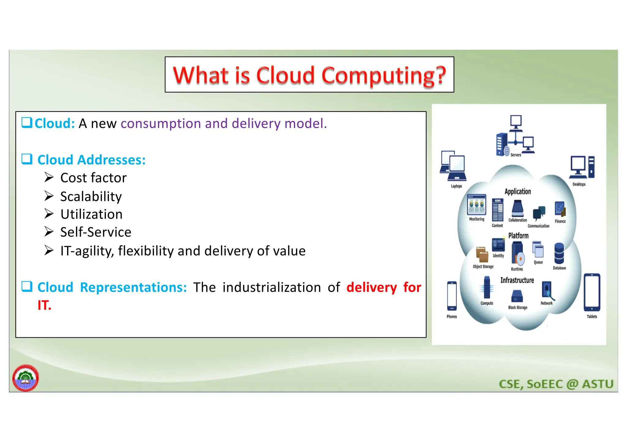 qCloud: A new consumption and delivery model. q Cloud Addresses: Ø Cost factor Ø Scalability Ø Utilization Ø Self-Service Ø IT-agility, flexibility and delivery of value q Cloud Representations: The industrialization of delivery for IT. 
