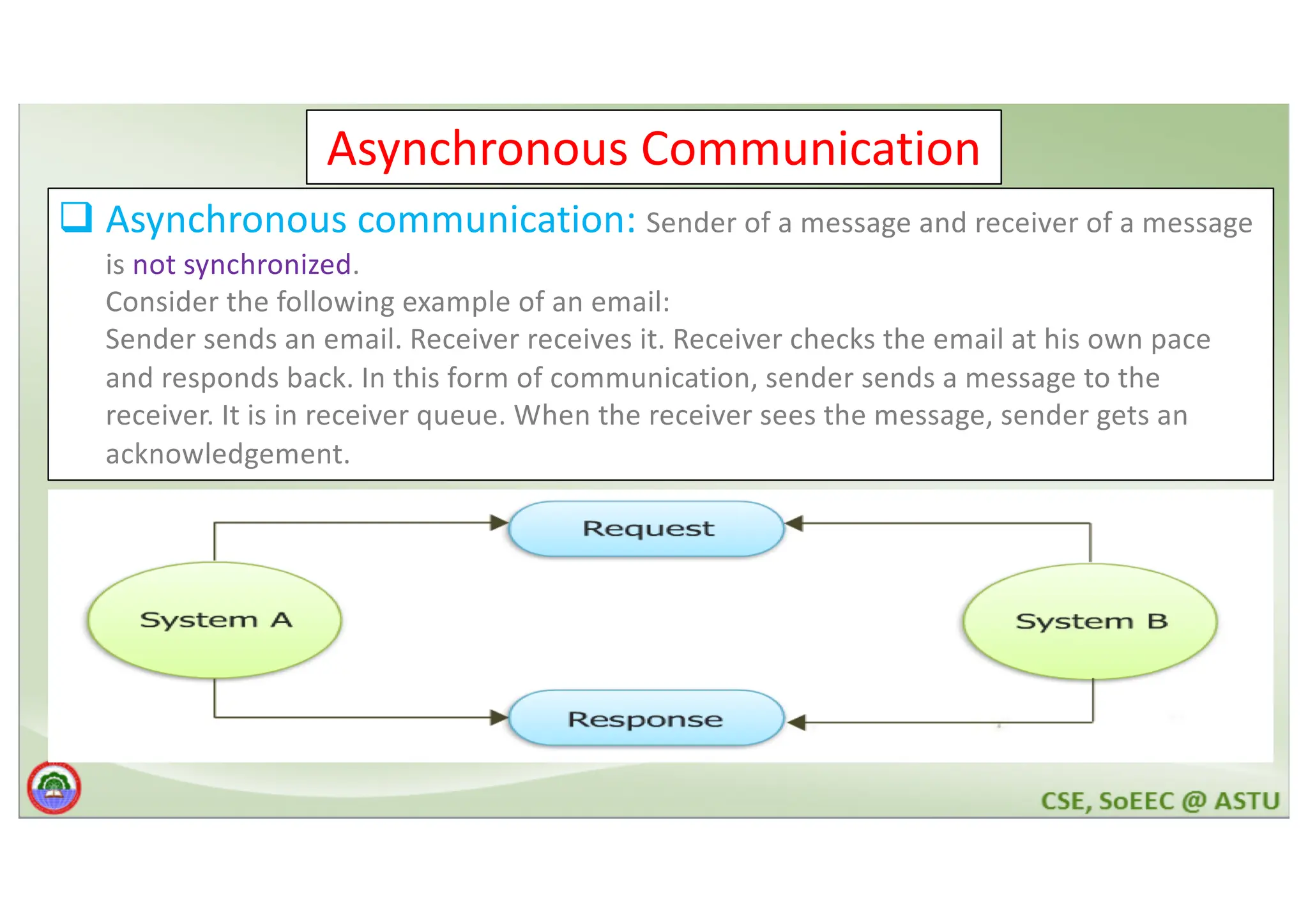 Asynchronous Communication q Asynchronous communication: Sender of a message and receiver of a message is not synchronized. Consider the following example of an email: Sender sends an email. Receiver receives it. Receiver checks the email at his own pace and responds back. In this form of communication, sender sends a message to the receiver. It is in receiver queue. When the receiver sees the message, sender gets an acknowledgement. 