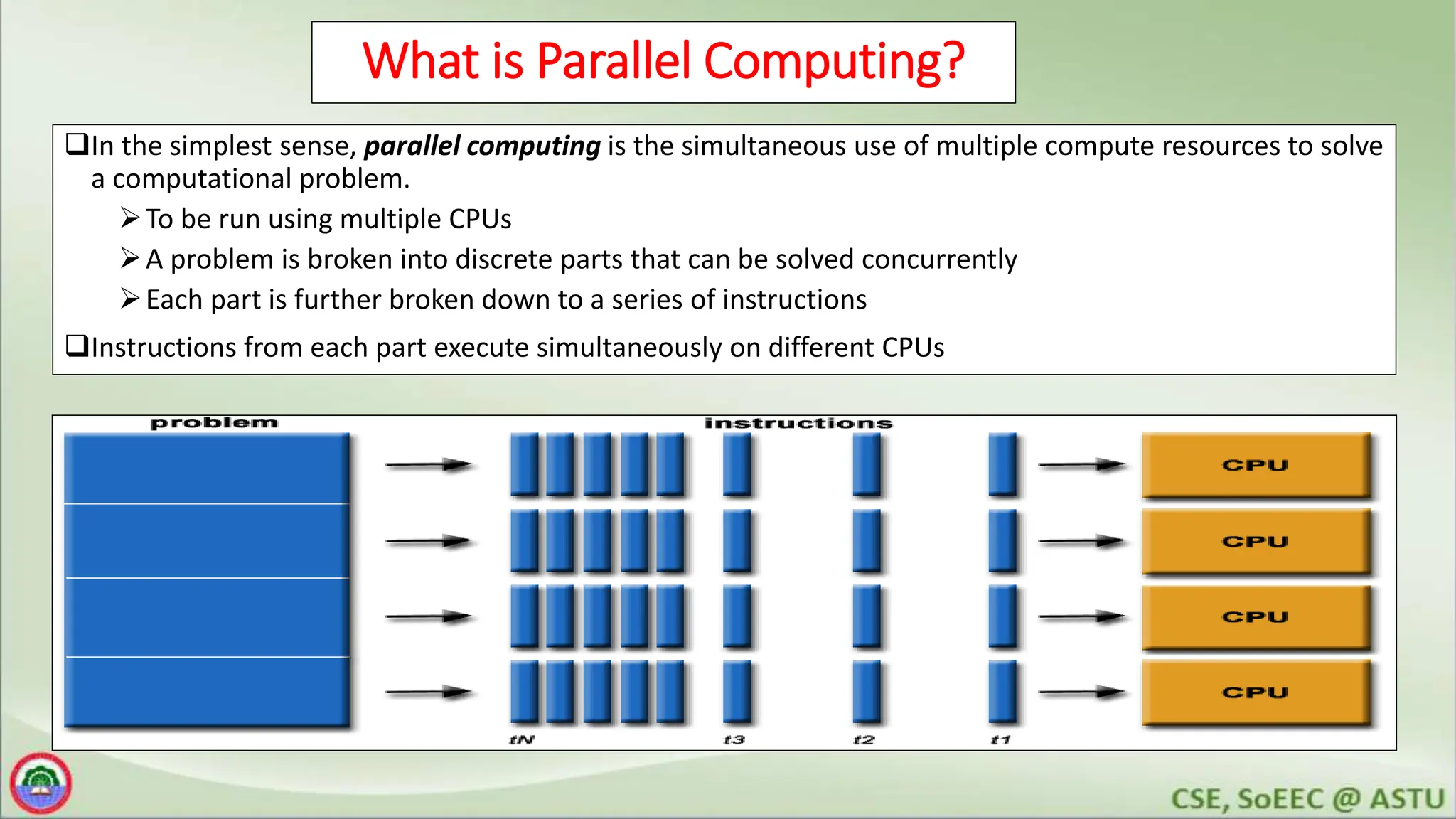 What is Parallel Computing?
In the simplest sense, parallel computing is the simultaneous use of multiple compute resources to solve
a computational problem.
To be run using multiple CPUs
A problem is broken into discrete parts that can be solved concurrently
Each part is further broken down to a series of instructions
Instructions from each part execute simultaneously on different CPUs
 