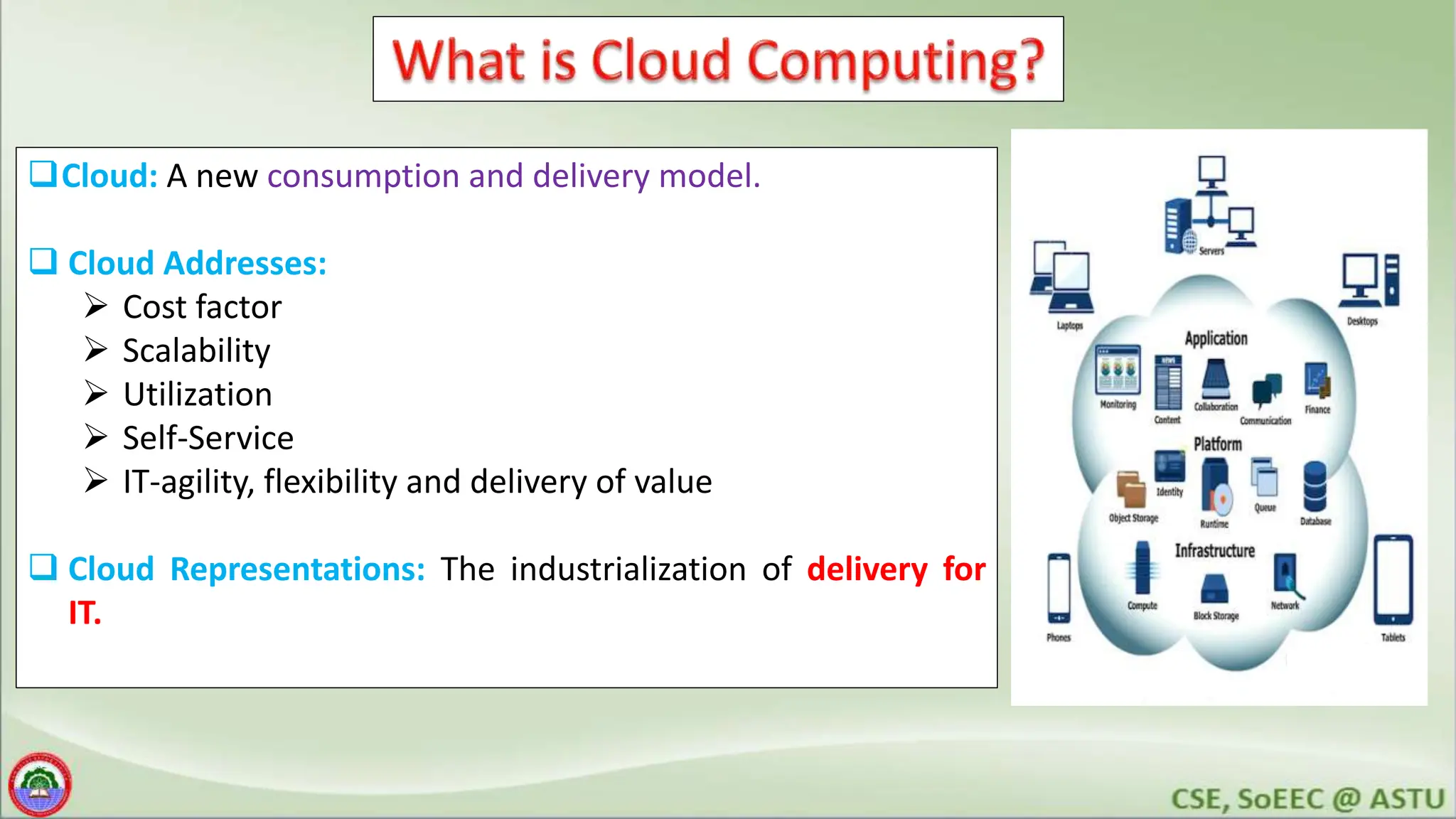 Cloud: A new consumption and delivery model.
 Cloud Addresses:
 Cost factor
 Scalability
 Utilization
 Self-Service
 IT-agility, flexibility and delivery of value
 Cloud Representations: The industrialization of delivery for
IT.
 