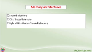 Memory architectures
Shared Memory
Distributed Memory
Hybrid Distributed-Shared Memory
 